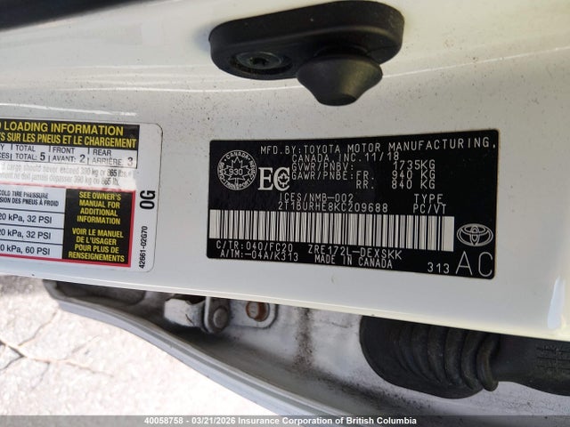40058758 :رقم المزاد ، 2T1BURHE8KC209688 vin ، 2019 Toyota Corolla L/le/xle/se/xse مزاد بيع