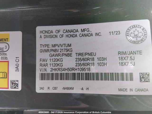2HKRS4H50RH109518 Honda Cr-v Sport
