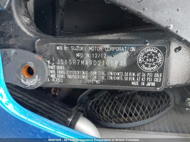 2013 Suzuki Gsx-r750 მანქანა იყიდება აუქციონზე, vin: JS1GR7MA9D2101946, აუქციონის ნომერი: 40067648
