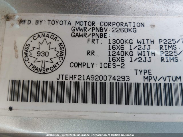 40065796 :رقم المزاد ، JTEHF21A920074293 vin ، 2002 Toyota Highlander Limited مزاد بيع