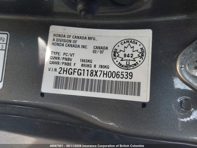 Продаж на аукціоні авто 2007 Honda Civic, vin: 2HGFG118X7H006539, номер лоту: 40067651