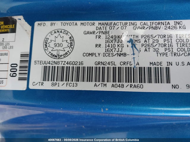 40067663 :رقم المزاد ، 5TEUU42N87Z460216 vin ، 2007 Toyota Tacoma Base V6 مزاد بيع
