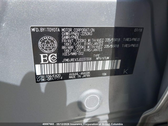 Продажа на аукционе авто 2018 Toyota Rav4, vin: JTMDJREV3JD237308, номер лота: 40067665