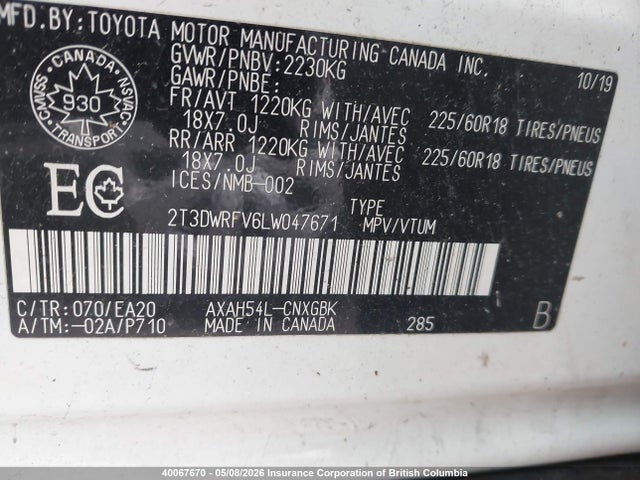 40067670 :رقم المزاد ، 2T3DWRFV6LW047671 vin ، 2020 Toyota Rav4 مزاد بيع