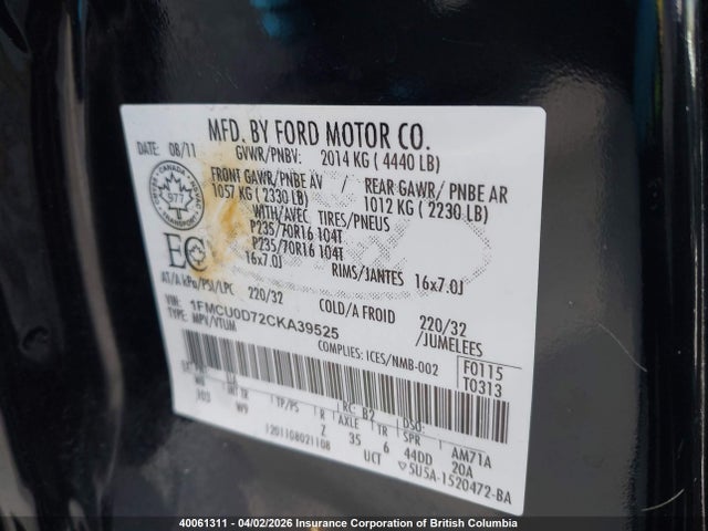 40061311 :رقم المزاد ، 1FMCU0D72CKA39525 vin ، 2012 Ford Escape Xlt مزاد بيع