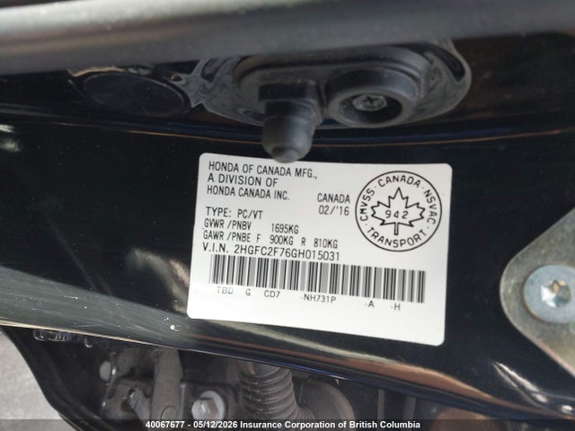 Продажа на аукционе авто 2016 Honda Civic, vin: 2HGFC2F76GH015031, номер лота: 40067677