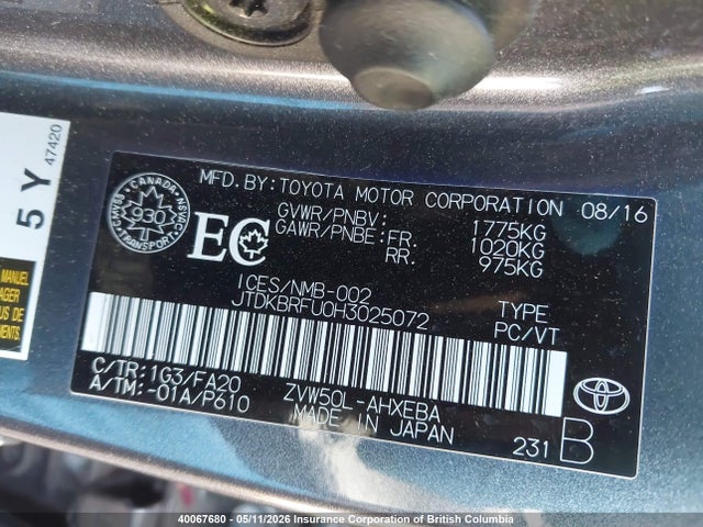 JTDKBRFU0H3025072 Toyota Prius