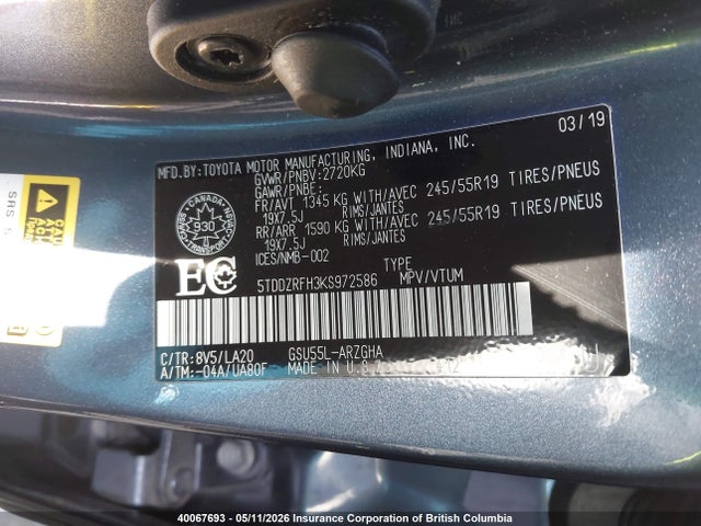 40067693 :رقم المزاد ، 5TDDZRFH3KS972586 vin ، 2019 Toyota Highlander Limited/ltd Platinum مزاد بيع