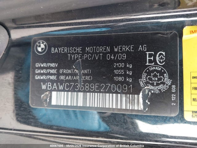 Aukcja sprzedaży 2009 Bmw 3-series, vin: WBAWC73589E270091, numer aukcji: 40067695