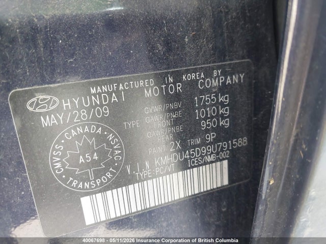 Продаж на аукціоні авто 2009 Hyundai Elantra Gls/se, vin: KMHDU45D99U791588, номер лоту: 40067698