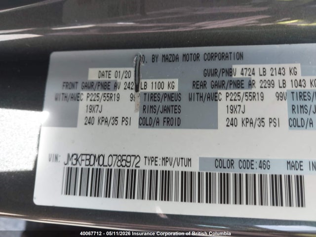 Aukcja sprzedaży 2020 Mazda Cx-5, vin: JM3KFBDM0L0785972, numer aukcji: 40067712