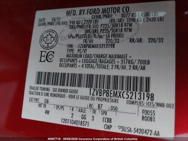 Продаж на аукціоні авто 2012 Ford Mustang, vin: 1ZVBP8EMXC5213198, номер лоту: 40067719