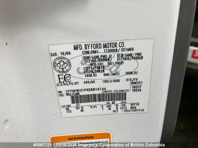 40067721 :رقم المزاد ، 1FTWW31PX5EB16144 vin ، 2005 Ford F350 مزاد بيع