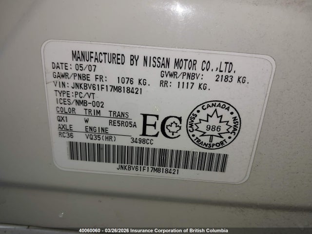 Aukcja sprzedaży 2007 Infiniti G35, vin: JNKBV61F17M818421, numer aukcji: 40060060