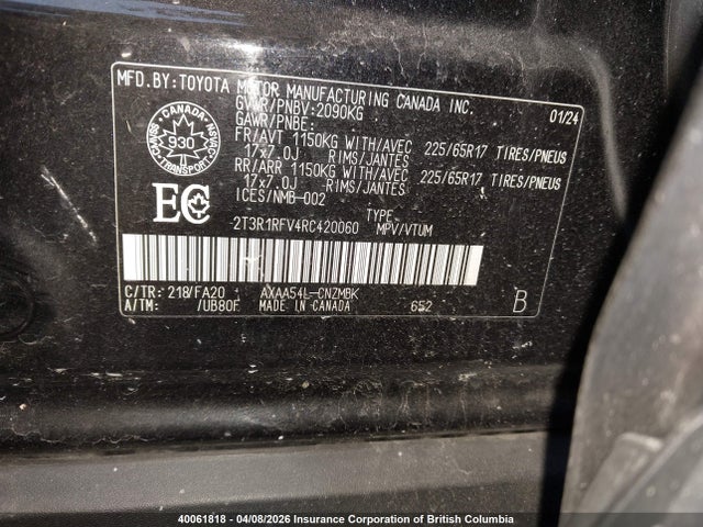 40061818 :رقم المزاد ، 2T3R1RFV4RC420060 vin ، 2024 Toyota Rav4 Xle/xle Premium مزاد بيع