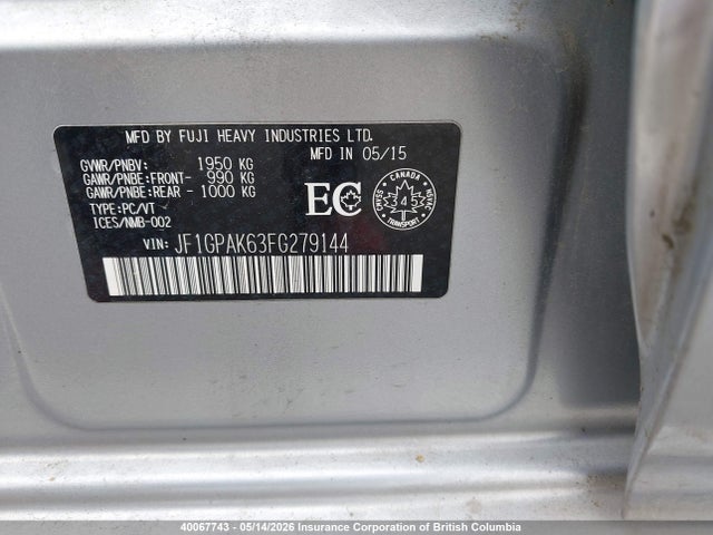 40067743 :رقم المزاد ، JF1GPAK63FG279144 vin ، 2015 Subaru Impreza 2.0i Sport Package مزاد بيع
