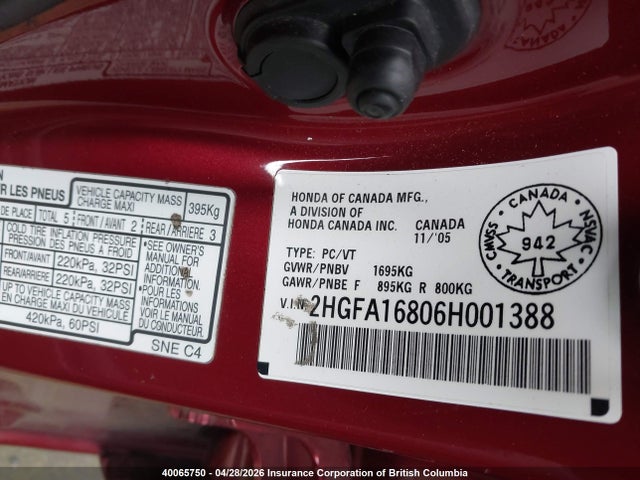 Продажа на аукционе авто 2006 Honda Civic Ex, vin: 2HGFA16806H001388, номер лота: 40065750