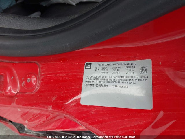 40067759 :رقم المزاد ، 2G1FG1E35D9185309 vin ، 2013 Chevrolet Camaro Lt مزاد بيع