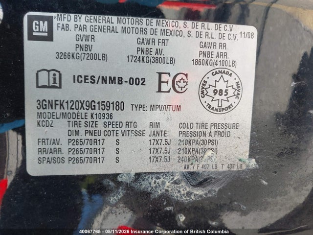 Aukcja sprzedaży 2009 Chevrolet Avalanche K1500 Ls, vin: 3GNFK120X9G159180, numer aukcji: 40067765