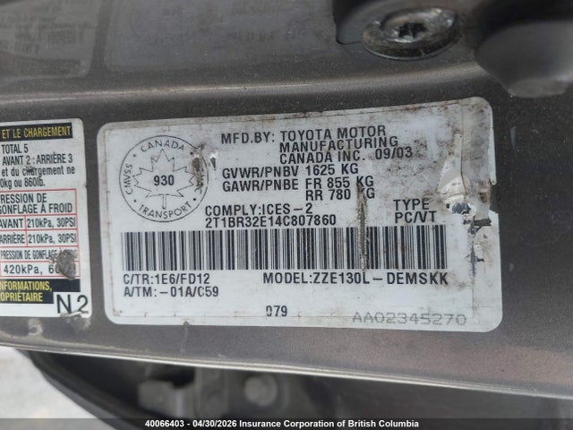 40066403 :رقم المزاد ، 2T1BR32E14C807860 vin ، 2004 Toyota Corolla Ce/le/s مزاد بيع