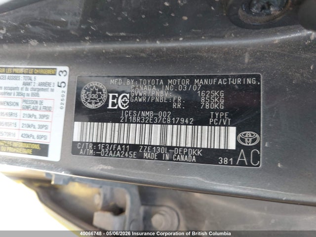40066748 :رقم المزاد ، 2T1BR32E37C817942 vin ، 2007 Toyota Corolla Ce/le/s مزاد بيع