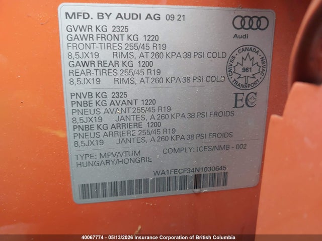 Aukcja sprzedaży 2022 Audi Q3, vin: WA1FECF34N1030645, numer aukcji: 40067774
