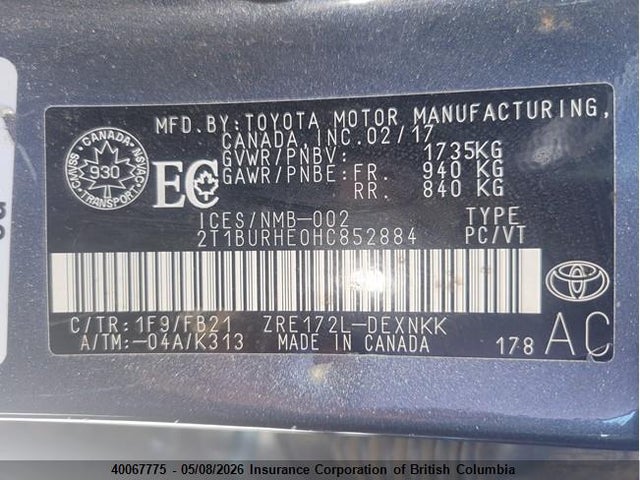 2T1BURHE0HC852884 Toyota Corolla L/le/xle/se/xse
