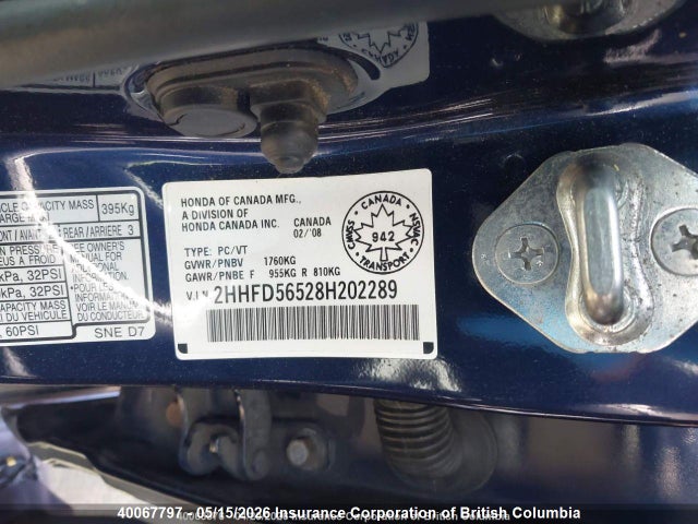 Продажа на аукционе авто 2008 Acura Csx, vin: 2HHFD56528H202289, номер лота: 40067797