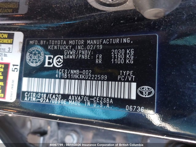 4T1B11HKXKU222599 Toyota Camry