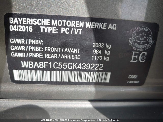 2016 Bmw 328 D Xdrive მანქანა იყიდება აუქციონზე, vin: WBA8F1C55GK439222, აუქციონის ნომერი: 40067810