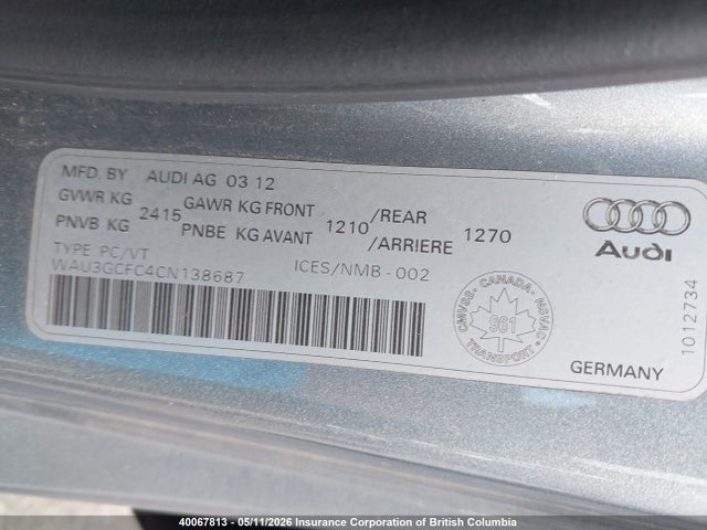 40067813 :رقم المزاد ، WAU3GCFC4CN138687 vin ، 2012 Audi A7 مزاد بيع