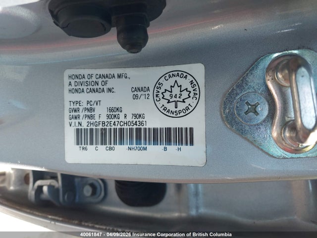 2012 Honda Civic Lx მანქანა იყიდება აუქციონზე, vin: 2HGFB2E47CH054361, აუქციონის ნომერი: 40061847
