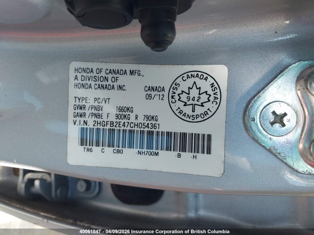 2012 Honda Civic Lx მანქანა იყიდება აუქციონზე, vin: 2HGFB2E47CH054361, აუქციონის ნომერი: 40061847