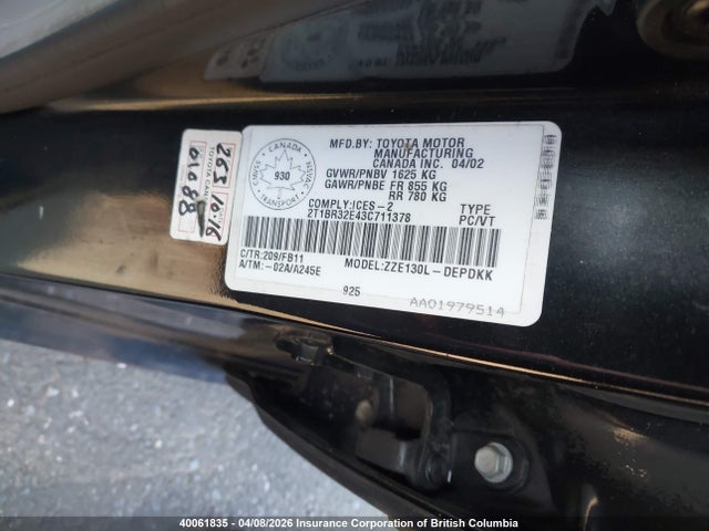 40061835 :رقم المزاد ، 2T1BR32E43C711378 vin ، 2003 Toyota Corolla Ce/le/s مزاد بيع
