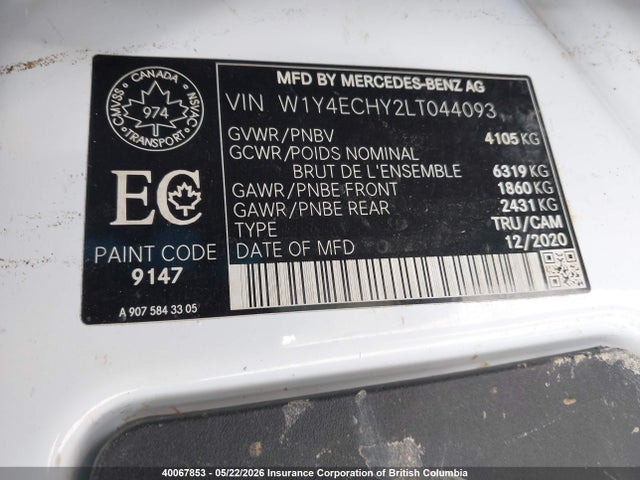 Aukcja sprzedaży 2020 Mercedes-benz Sprinter 2500 High Roof V6, vin: W1Y4ECHY2LT044093, numer aukcji: 40067853