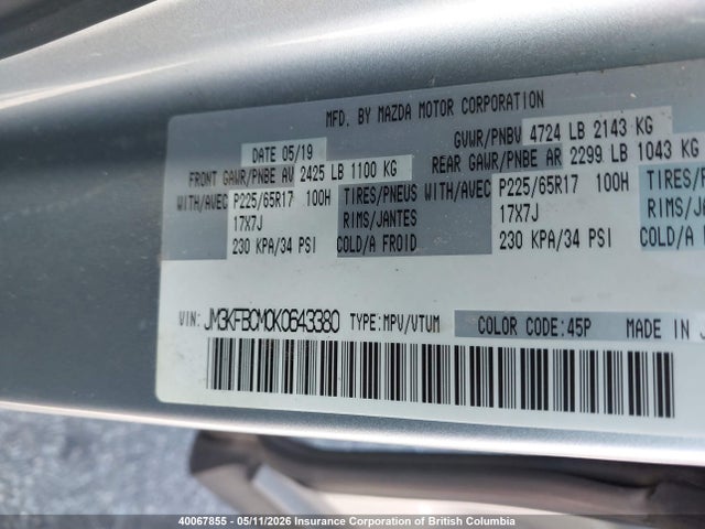 Aukcja sprzedaży 2019 Mazda Cx-5, vin: JM3KFBCM0K0643380, numer aukcji: 40067855