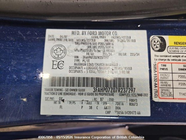 Продажа на аукционе авто 2007 Ford Fusion Se, vin: 3FAHP07Z07R237297, номер лота: 40067858
