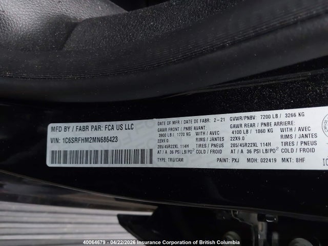 Продаж на аукціоні авто 2021 Ram 1500 Limited, vin: 1C6SRFHM2MN686423, номер лоту: 40064679