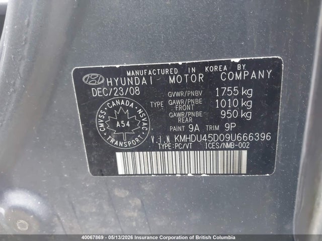 2009 Hyundai Elantra Gl/l მანქანა იყიდება აუქციონზე, vin: KMHDU45D09U666396, აუქციონის ნომერი: 40067869