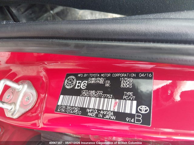 JTDKDTB3XG1127753 Toyota PRIUS C