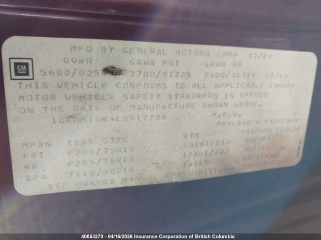 Продажа на аукционе авто 1990 Gmc Safari, vin: 1GKDM15Z4LB517706, номер лота: 40063270