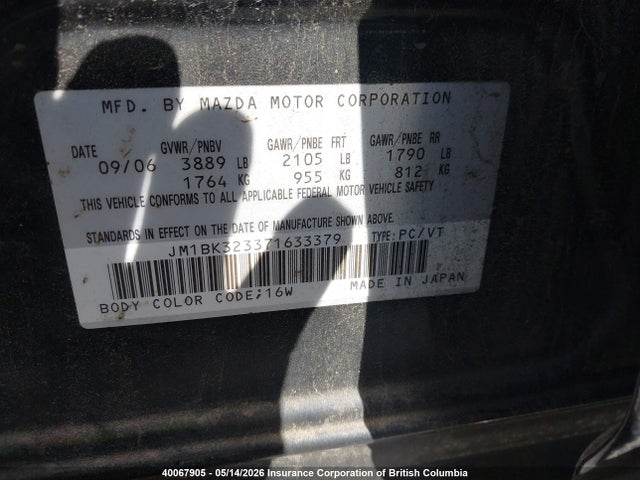 Aukcja sprzedaży 2007 Mazda 3 S, vin: JM1BK323371633379, numer aukcji: 40067905