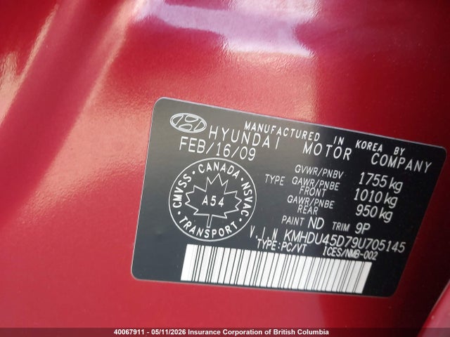 Продажа на аукционе авто 2009 Hyundai Elantra Gls/se, vin: KMHDU45D79U705145, номер лота: 40067911