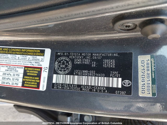 Продаж на аукціоні авто 2008 Toyota Camry, vin: 4T1BE46K08U214433, номер лоту: 40067914