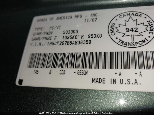 40061282 :رقم المزاد ، 1HGCP26788A806359 vin ، 2008 Honda Accord Ex مزاد بيع