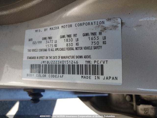 40063553 :رقم المزاد ، JM1BJ2223X0151246 vin ، 1999 Mazda Protege Dx/lx مزاد بيع