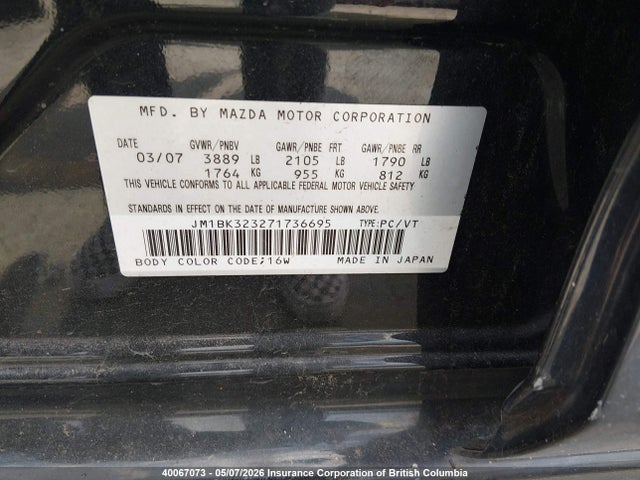 Aukcja sprzedaży 2007 Mazda 3 S, vin: JM1BK323271736695, numer aukcji: 40067073