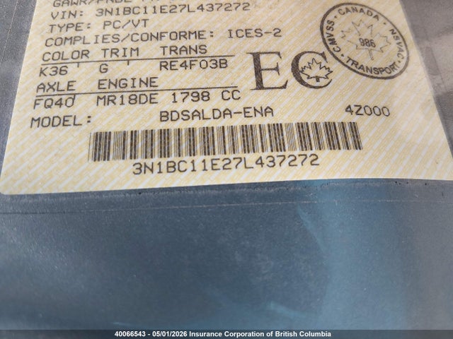 Продажа на аукционе авто 2007 Nissan Versa S/sl, vin: 3N1BC11E27L437272, номер лота: 40066543