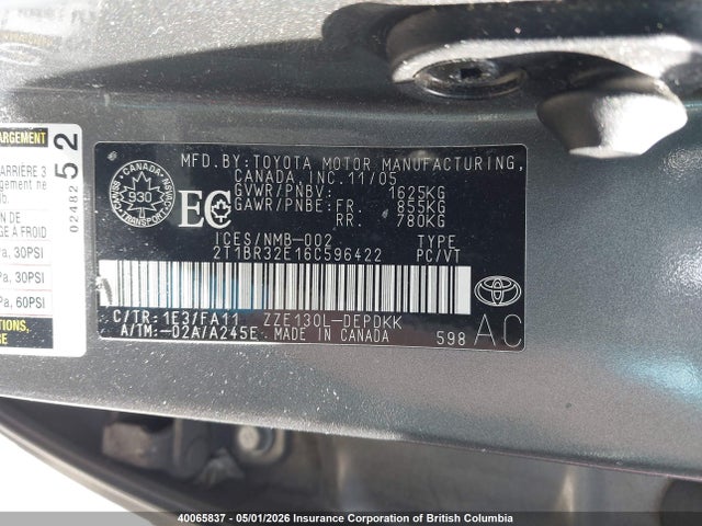 40065837 :رقم المزاد ، 2T1BR32E16C596422 vin ، 2006 Toyota Corolla Ce/le/s مزاد بيع
