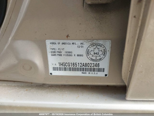 Продаж на аукціоні авто 2002 Honda Accord Ex, vin: 1HGCG16512A802346, номер лоту: 40067977